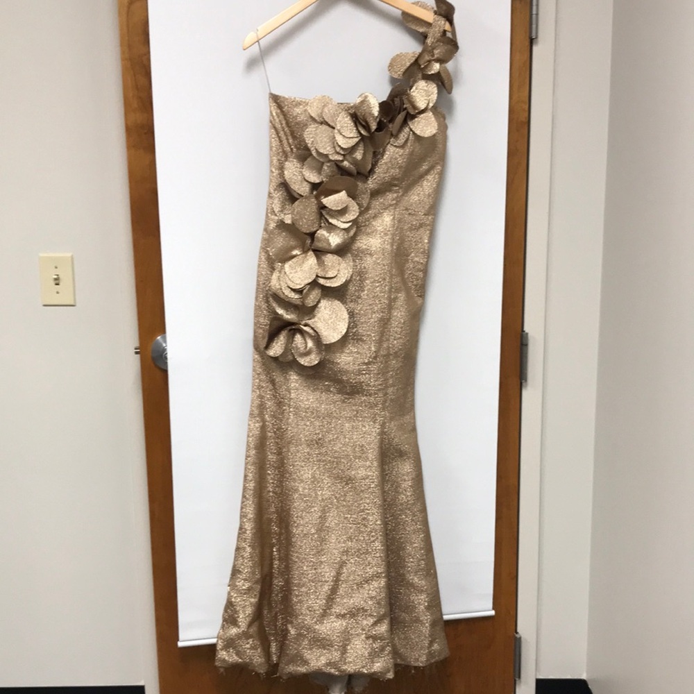 John Paul Ataker MY Gold Metallic One Shoulder Floral Gown